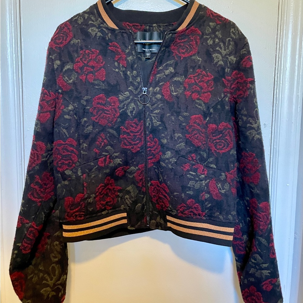 Crafted & Tailored Rose Print Cropped Bomber Jacket